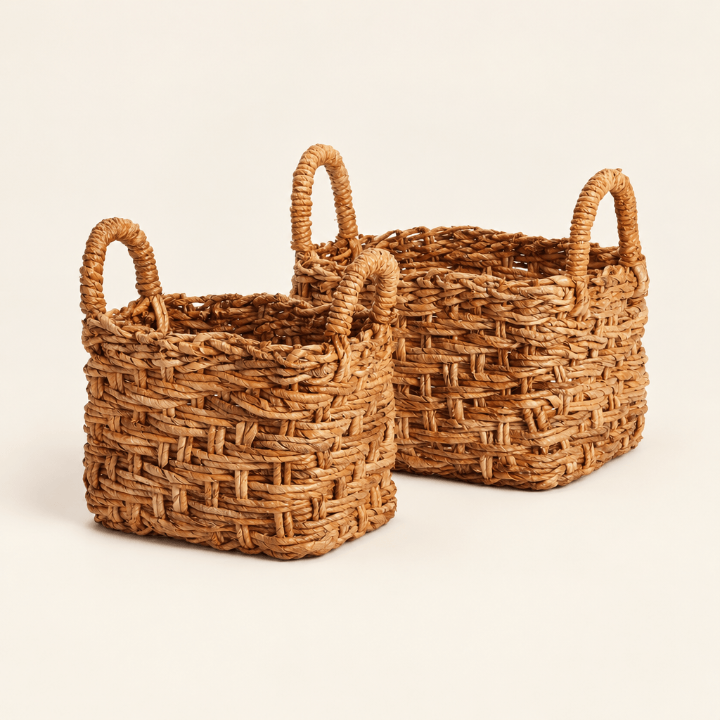 Two natural braided banana leaf baskets with loop handles on an ivory studio background