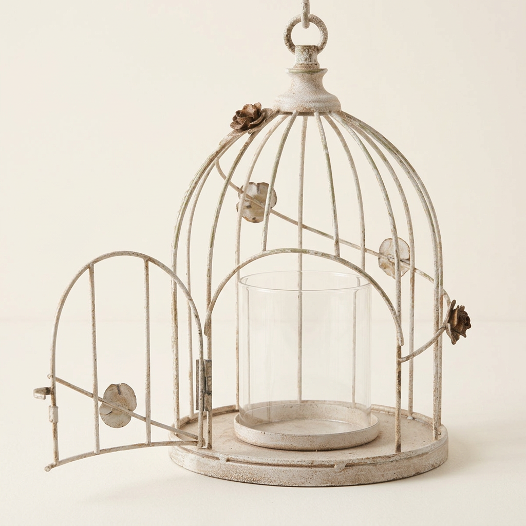 Close-up of the birdcage lantern with its arched door open, revealing the clear cylindrical glass insert.
