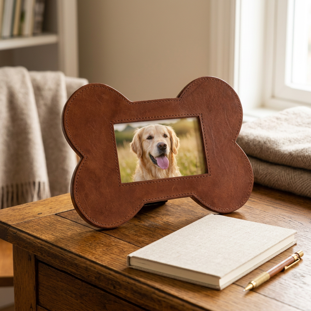 Leather bone-shaped photo frame with a golden retriever portrait on a vintage writing desk.