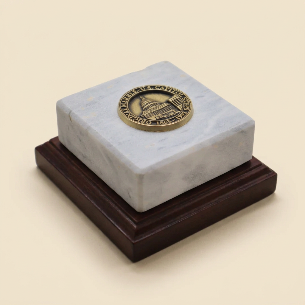 Square pale Capitol marble paperweight with round gold-toned medallion on a stepped walnut base