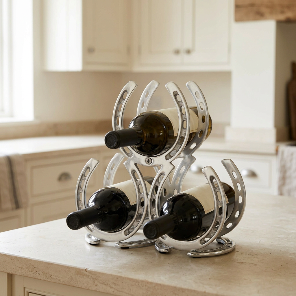 Silver horseshoe wine rack holding three bottles on a pale stone kitchen countertop.