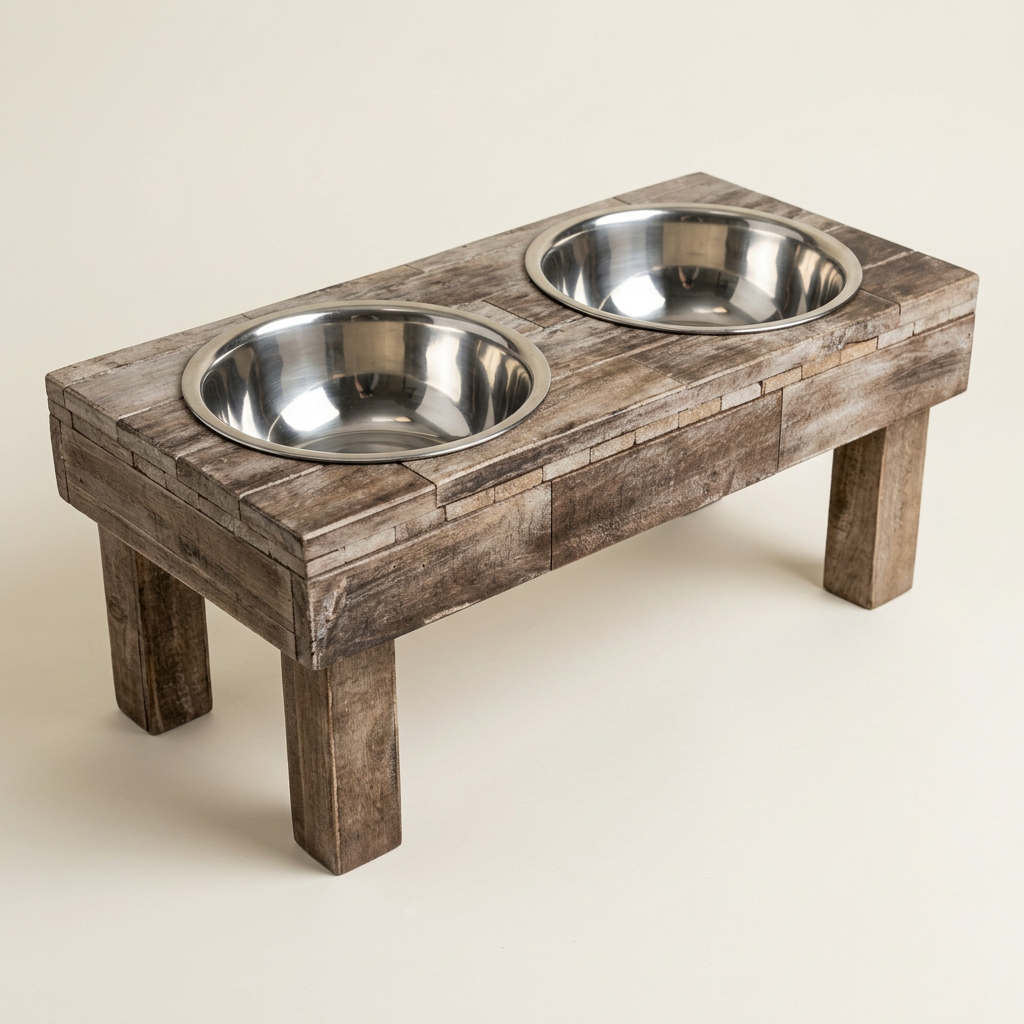 Brown-wash reclaimed wood table-style pet feeder with two stainless steel bowls on an ivory background.