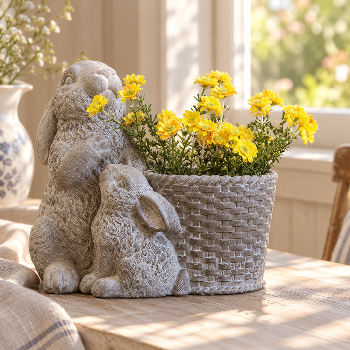 Cement double rabbit basket planter styled with yellow flowers beside a cottage window