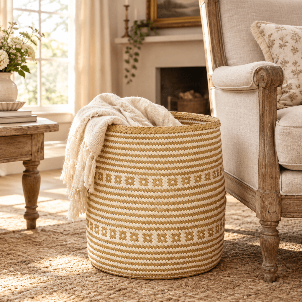 White patterned seagrass storage basket holding a cream throw beside a wooden armchair.