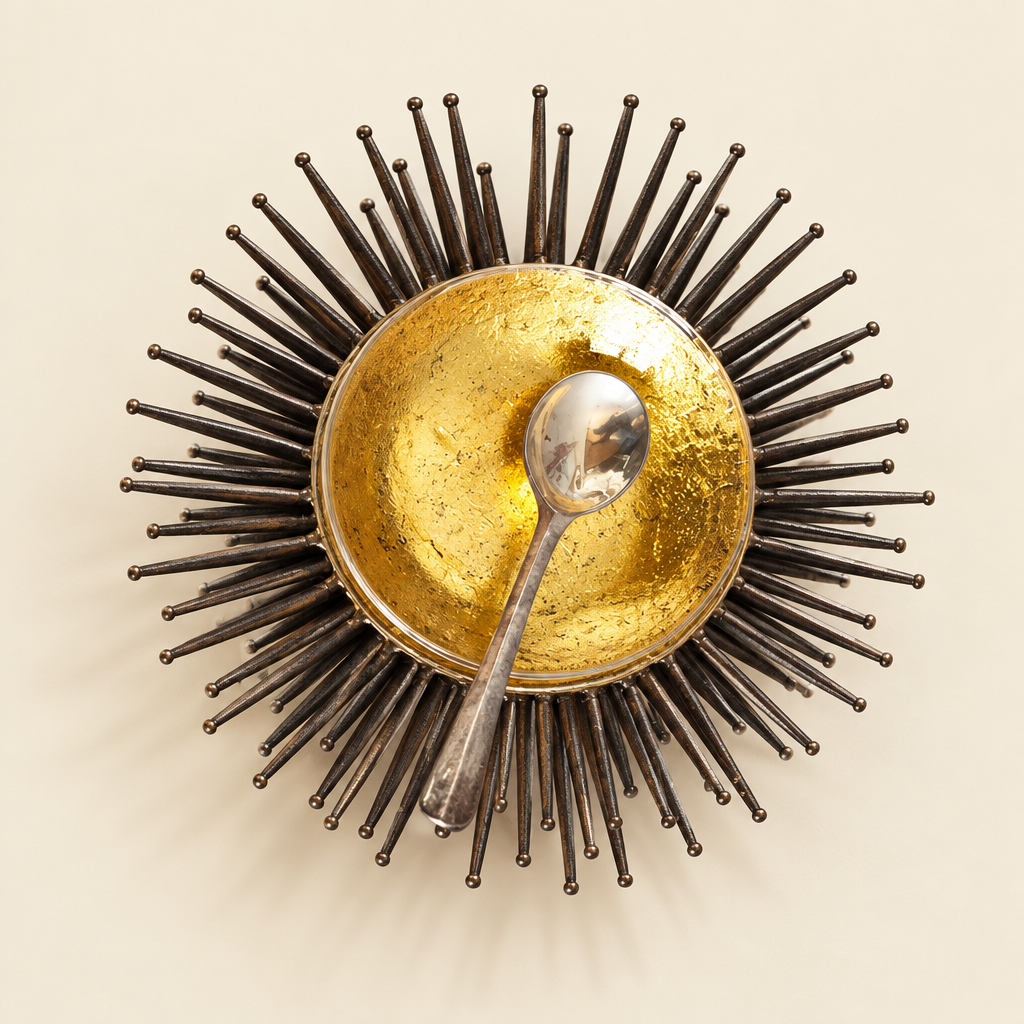 Gold leaf sea urchin accent bowl with dark iron spokes and silver spoon on an ivory studio background