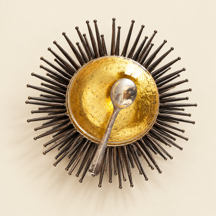 Gold leaf sea urchin accent bowl with dark iron spokes and silver spoon on an ivory studio background