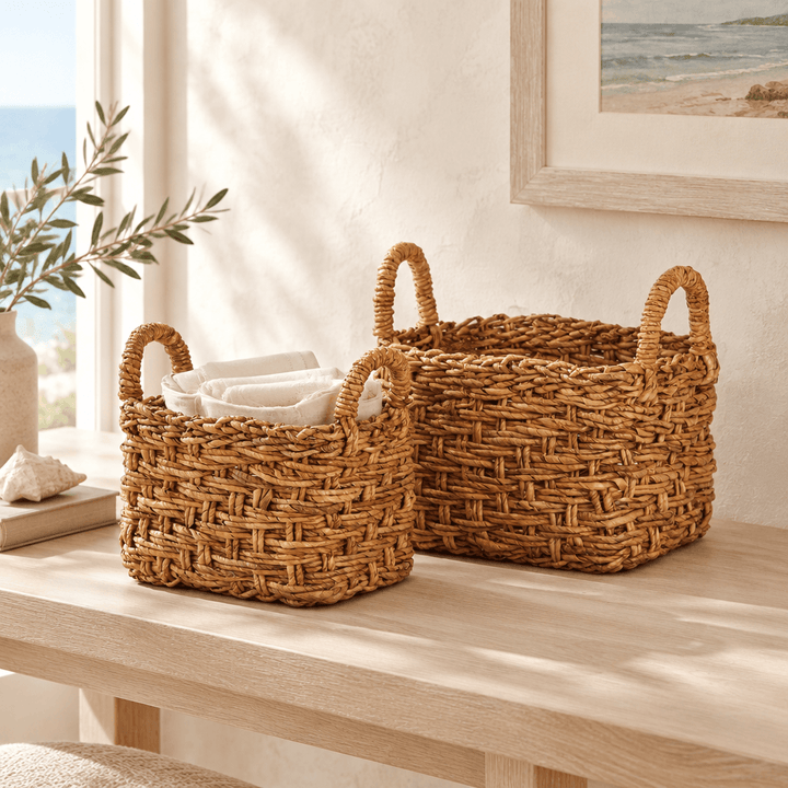 Braided banana leaf basket pair styled with ivory linens on a pale oak console