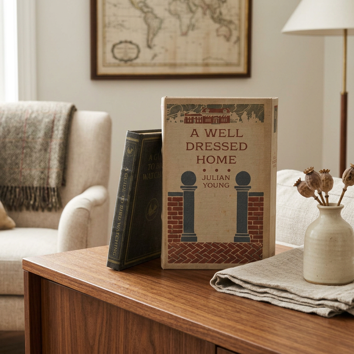 Two individually sold decorative book box designs styled on a walnut console beside a ceramic vase