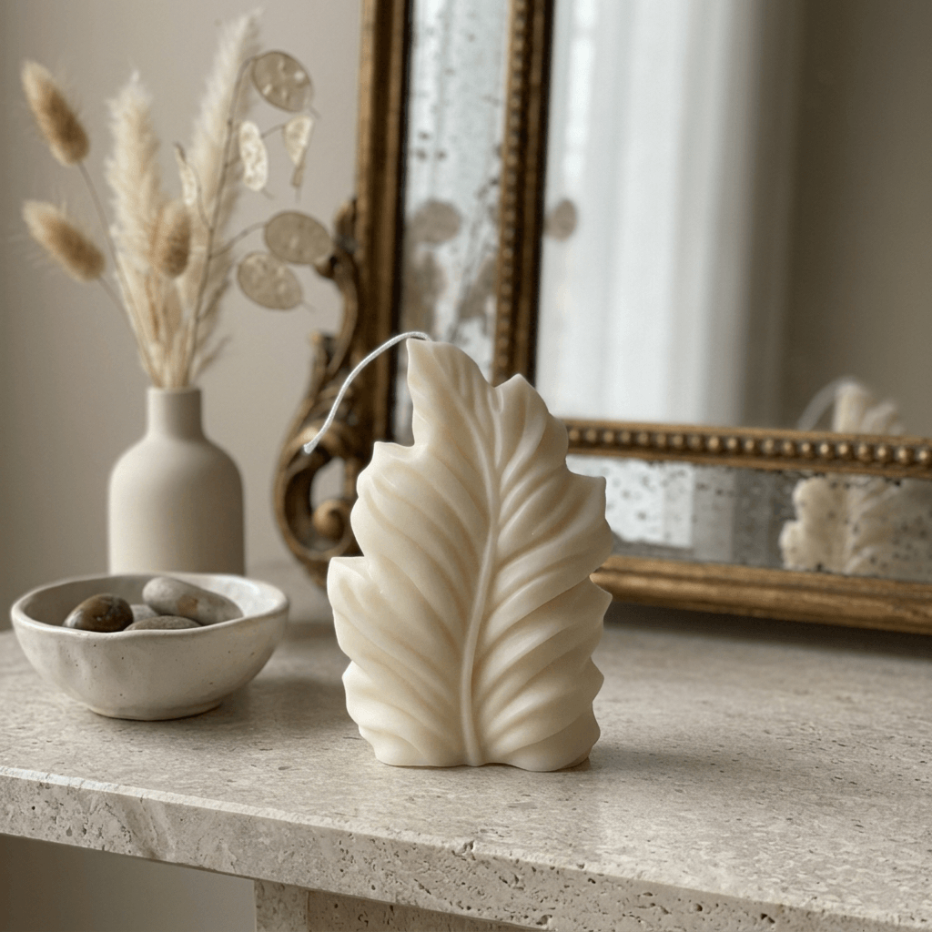 Ivory feather-shaped soy wax candle styled on a pale stone console with ceramics and dried stems.
