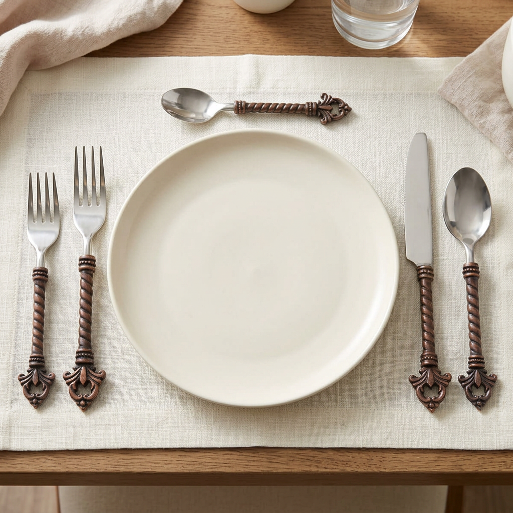 Bellavita five-piece flatware setting arranged around a styled cream plate on ivory linen.