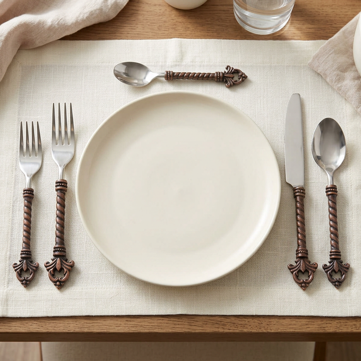 Bellavita five-piece flatware setting arranged around a styled cream plate on ivory linen.
