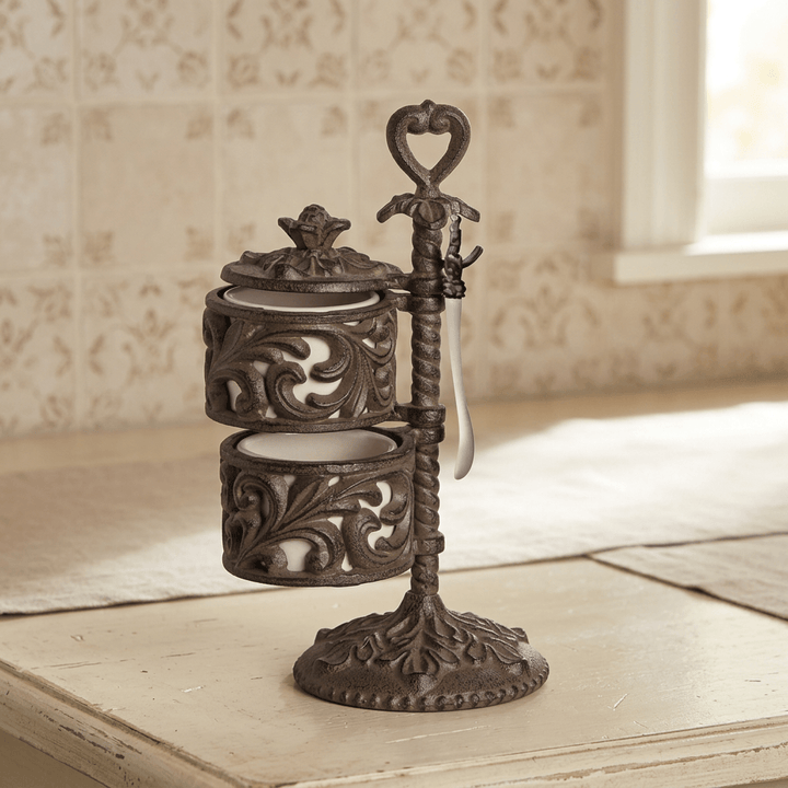 Bellavita Spice Cellar on a cream painted table in a softly lit country kitchen.