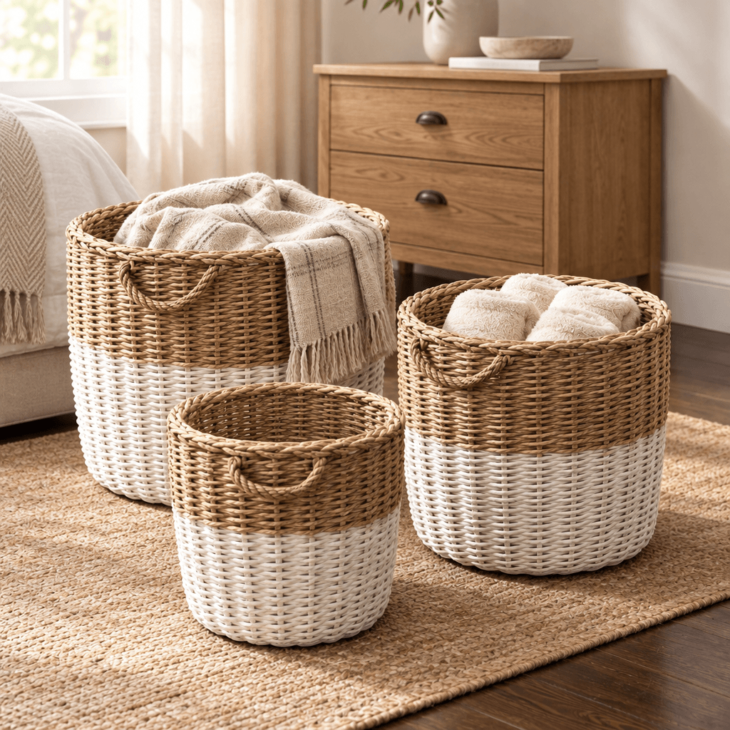 Set of three white-dipped willow baskets with rope handles styled beside an oak bedroom dresser.