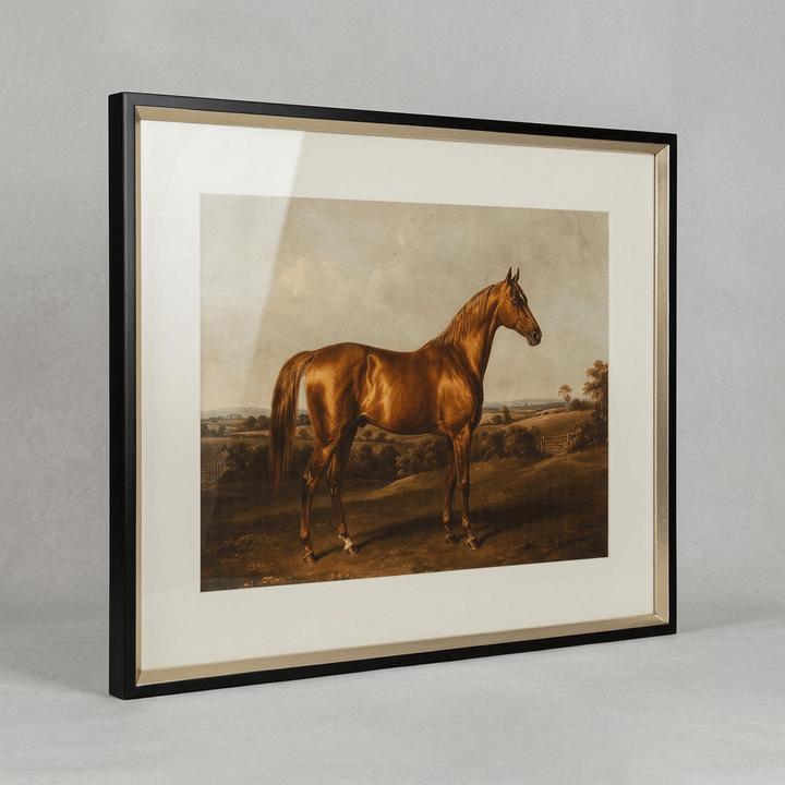 Angled view of the chestnut horse print showing its ivory mat, slim black frame, and gold-toned inner edge.