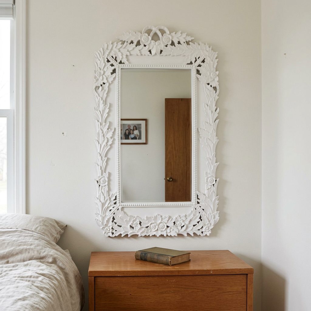 White Chantilly laurel wall mirror above an oak dresser in a simple bedroom