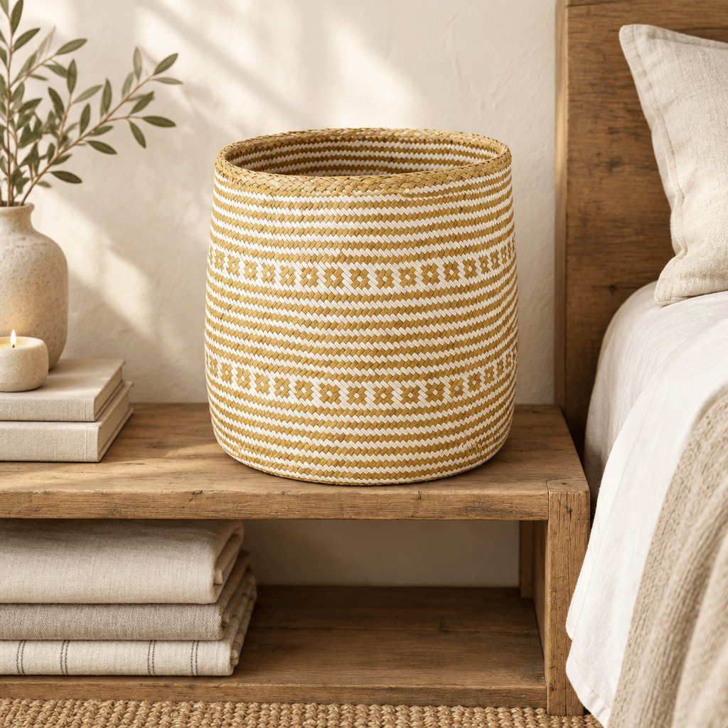 White patterned seagrass storage basket styled on a low wooden shelf in a neutral bedroom.