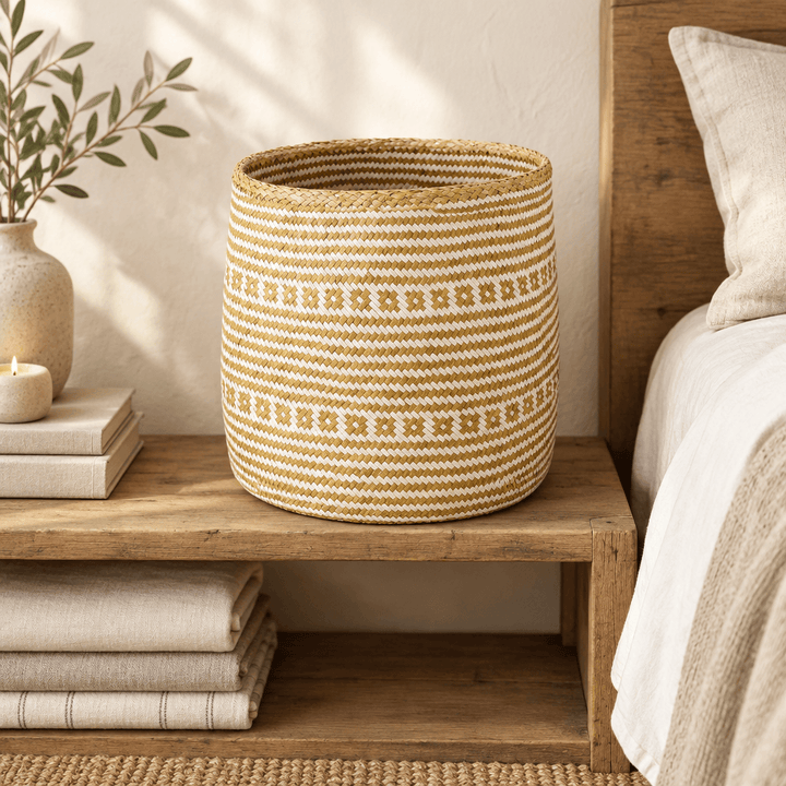 White patterned seagrass storage basket styled on a low wooden shelf in a neutral bedroom.