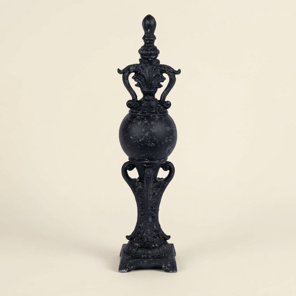 Black Manor Decorative Finial shown full length against an ivory studio background