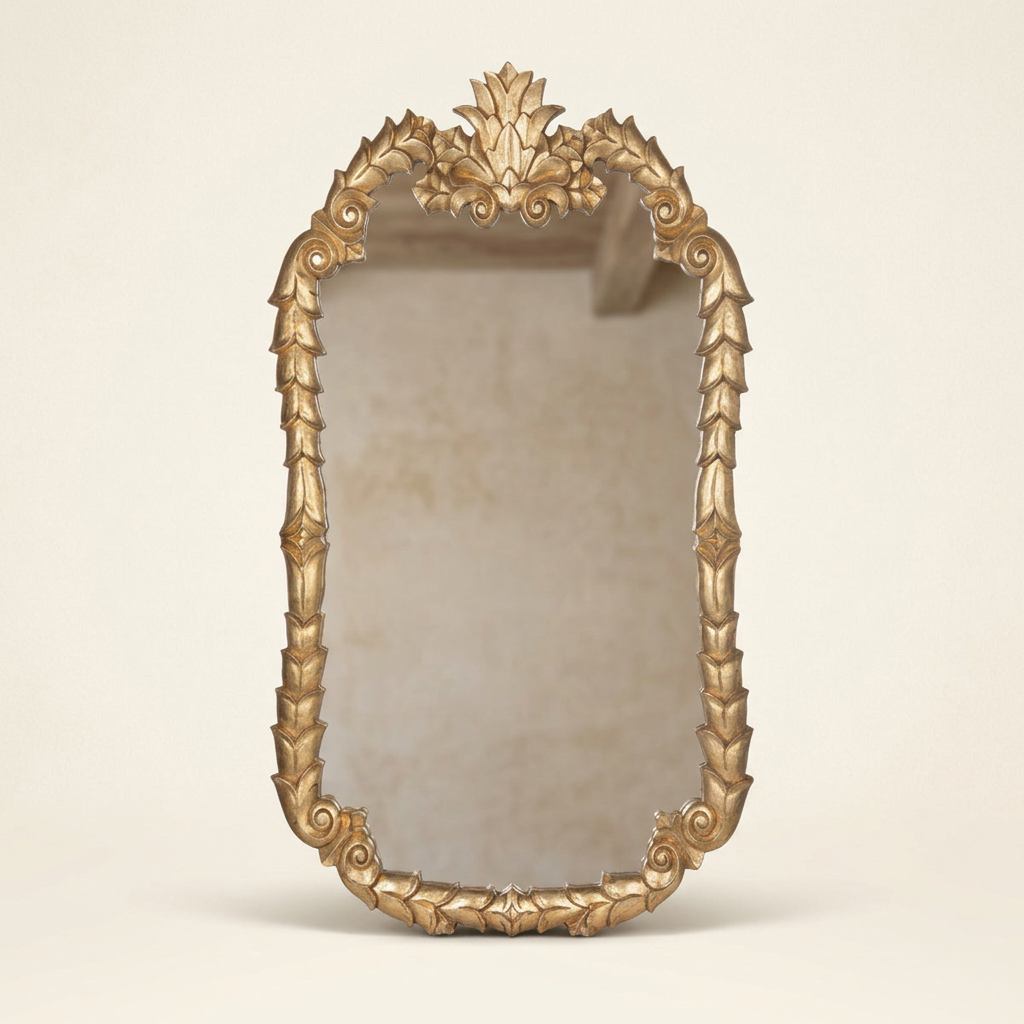 Soft Gold Colette carved wood wall mirror with leaf border and ornamental crest against an ivory studio background.