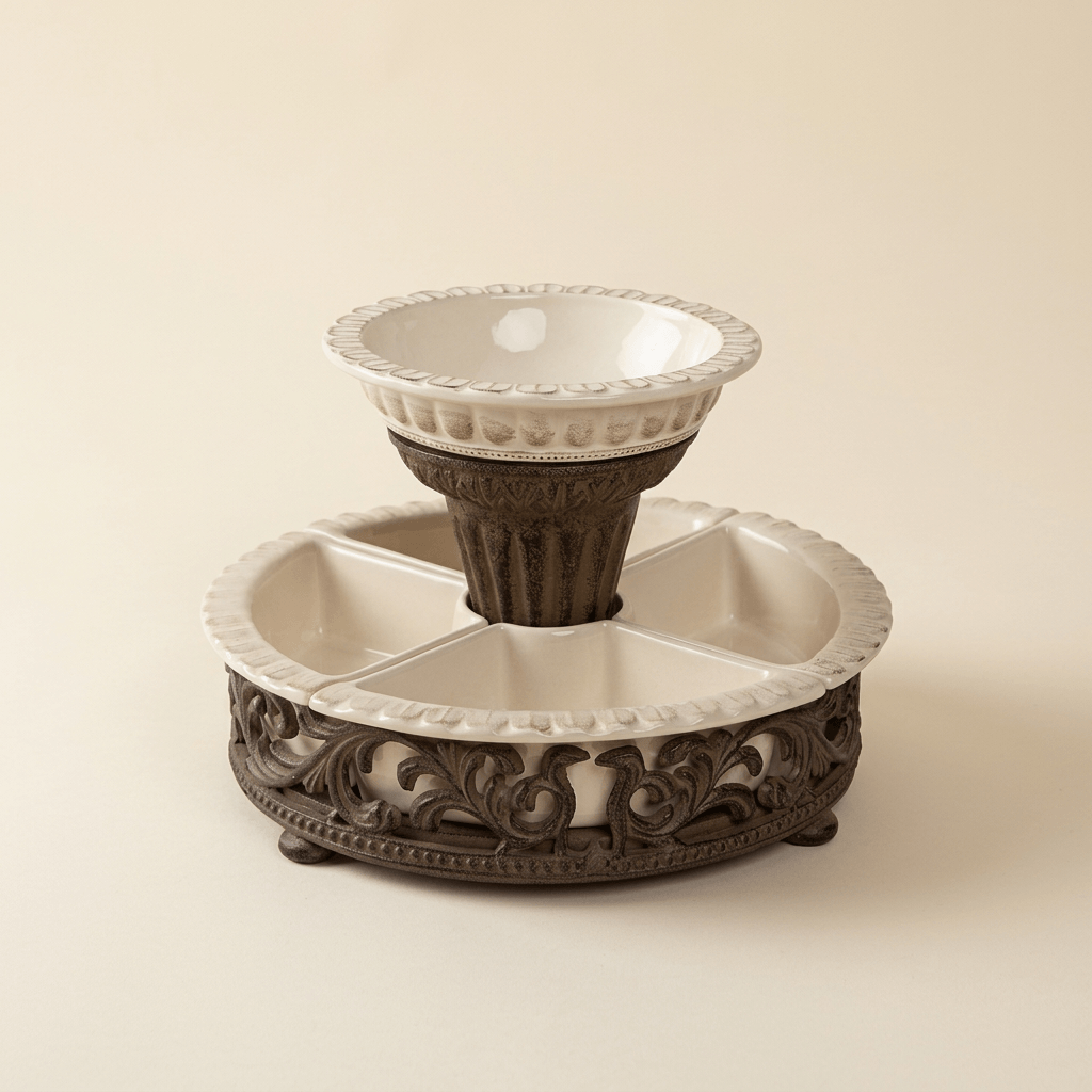 Bellavita cream stoneware chip and dip set with raised bowl and ornate dark brown metal base on an ivory backdrop
