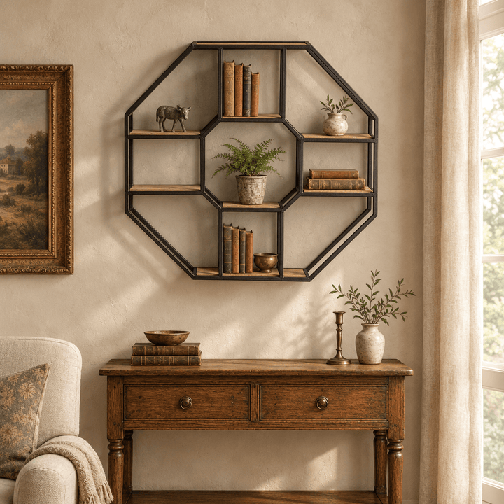 Octagonal iron and wood wall shelf styled with books, pottery, and a fern above an oak console.