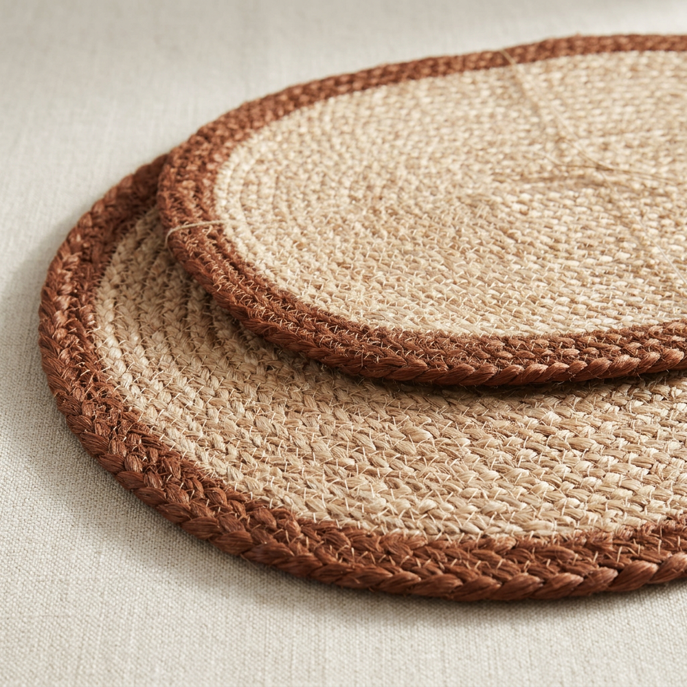 Close-up of coiled natural jute fibers, stitching, and rust-brown braided borders on two overlapping placemats.