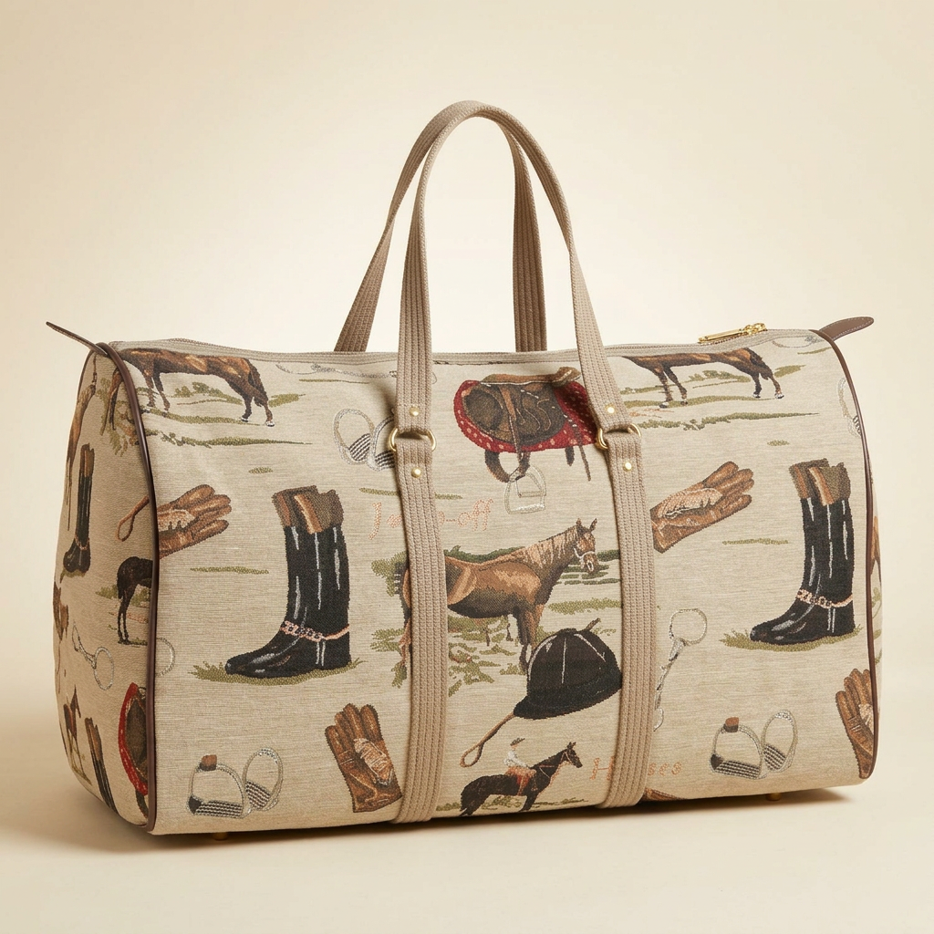 English equestrian tapestry duffle bag with beige handles and horse and riding equipment motifs on an ivory background.
