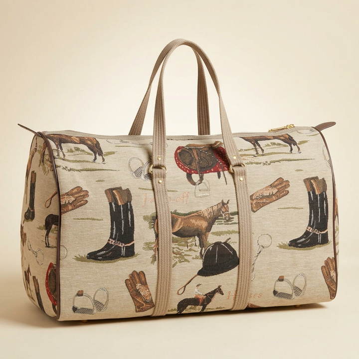 English equestrian tapestry duffle bag with beige handles and horse and riding equipment motifs on an ivory background.