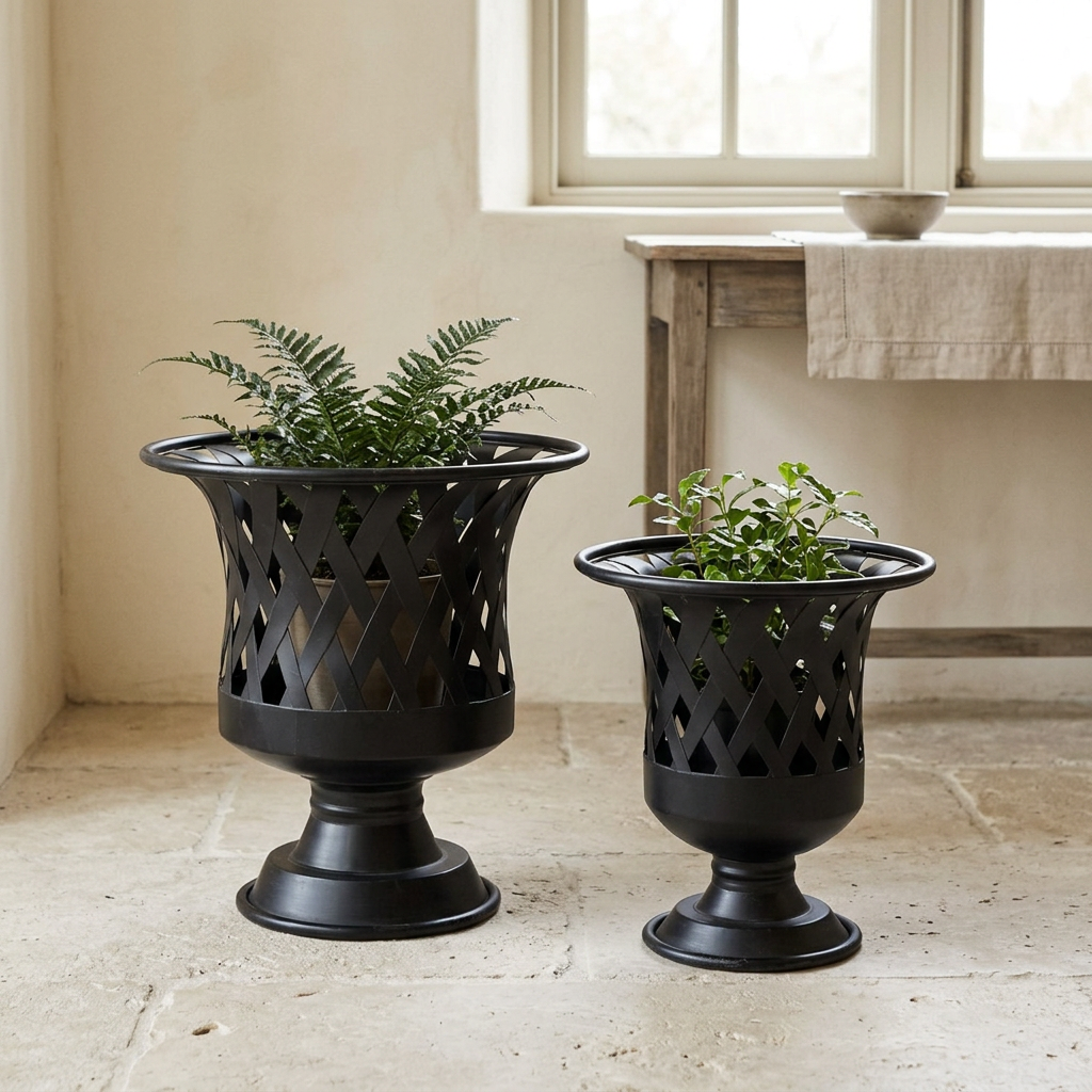 Villandry antiqued black iron urn planter pair with diamond lattice and pedestal bases, styled with greenery on a pale stone floor.