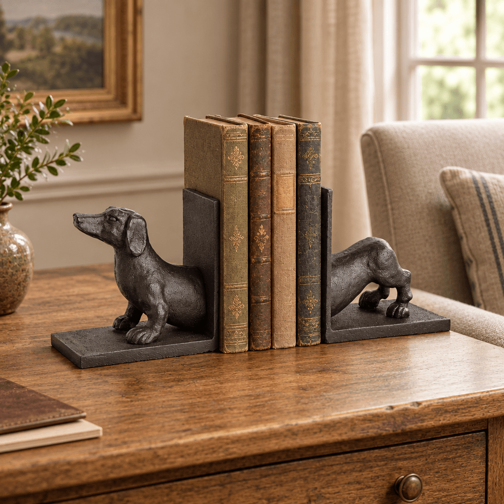 Split dachshund bookends in a black bronze finish displayed with books on an oak writing desk.