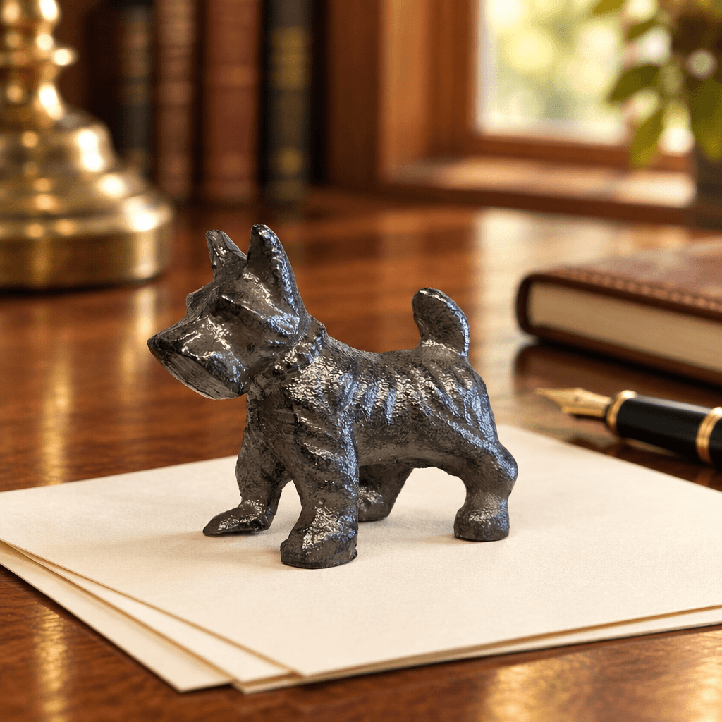 Cast iron schnauzer figurine used as a paperweight on cream stationery on a walnut writing desk.