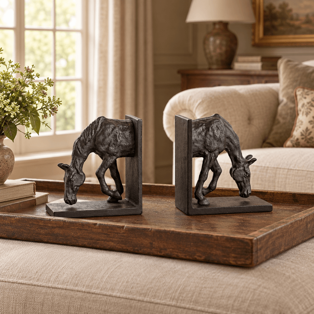 Black bronze grazing horse bookend pair displayed on a wooden tray atop a linen ottoman.