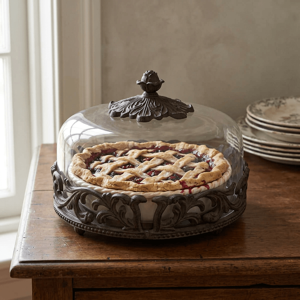 Bellavita Stoneware Pie Dish with Glass Dome holding a berry pie on a wood sideboard.