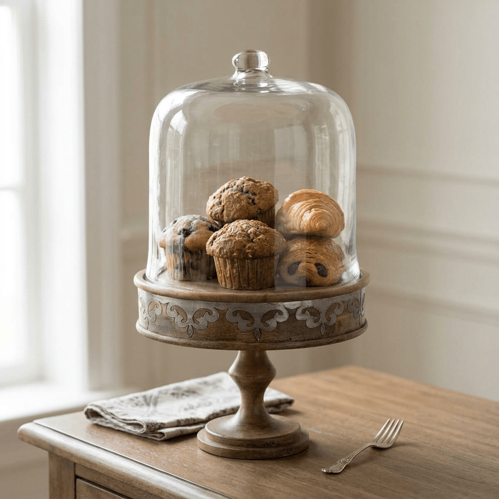 Belvedere Cake Pedestal with Glass Dome holding muffins and pastries on a breakfast sideboard.