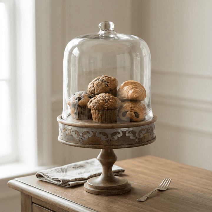 Belvedere Cake Pedestal with Glass Dome holding muffins and pastries on a breakfast sideboard.