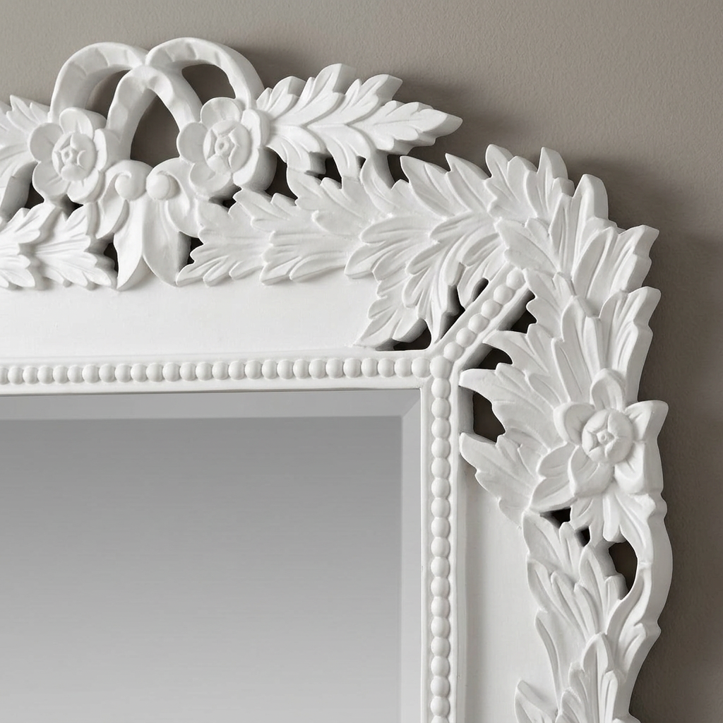 White Chantilly mirror laurel and floral frame detail