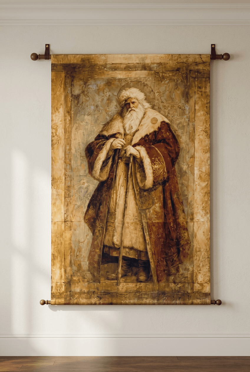Full view of an Old World Santa canvas wall scroll with wood dowels against an ivory wall.