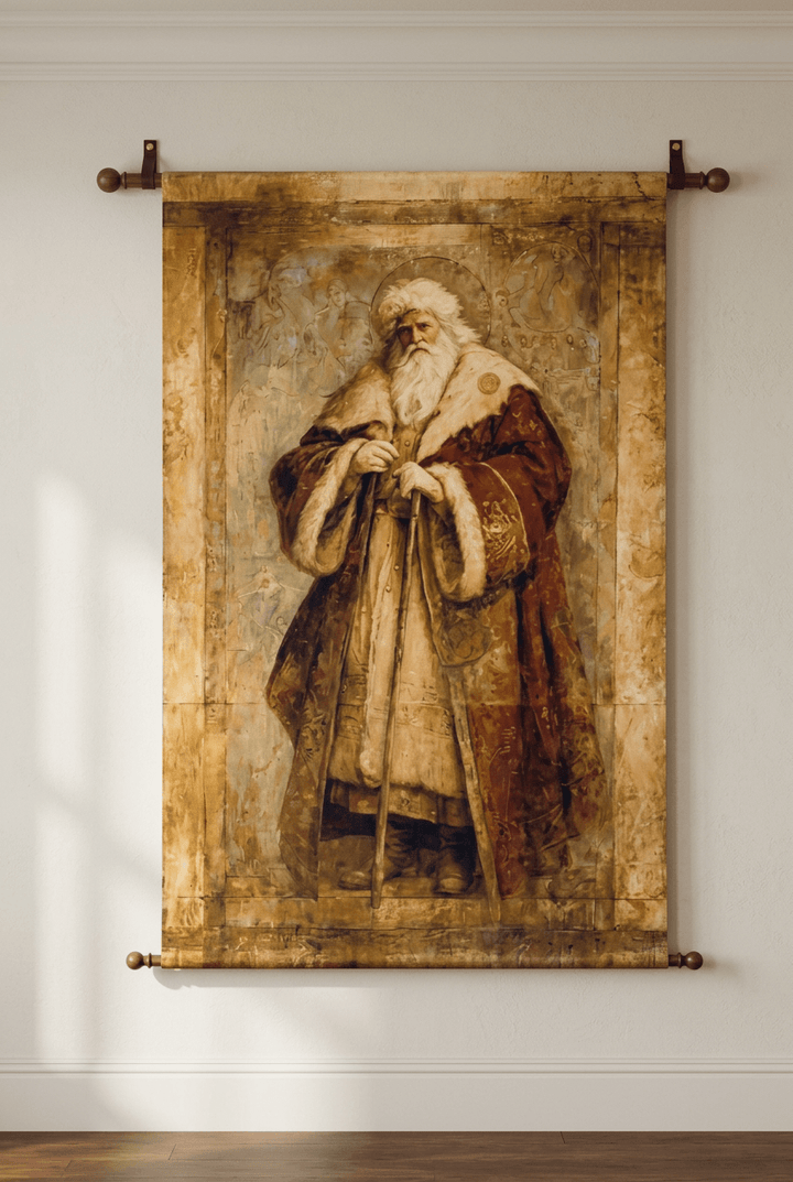 Full view of an Old World Santa canvas wall scroll with wood dowels against an ivory wall.