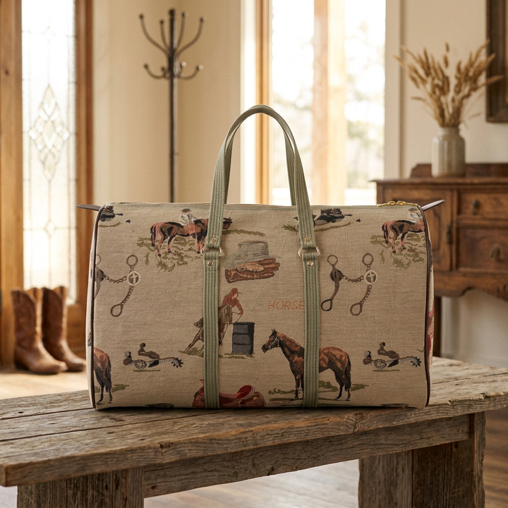 Western equestrian tapestry duffle bag resting on a rustic wood bench in a ranch entryway.