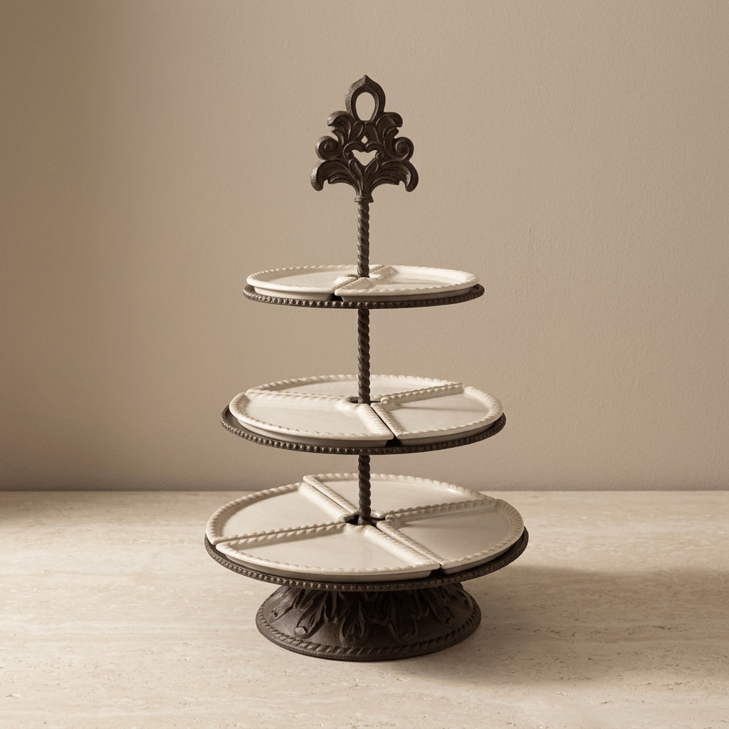 Bellavita three-tier stoneware server on a pale stone surface showing its decorative finial and dark metal pedestal