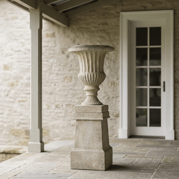 Ashbourne Fluted Urn Planter with Pedestal in Aged Stone, shown full length on a covered stone veranda beside a French door.
