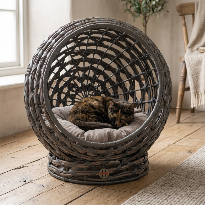 Small cat curled on the taupe cushion inside a rounded woven rattan pod pet bed.