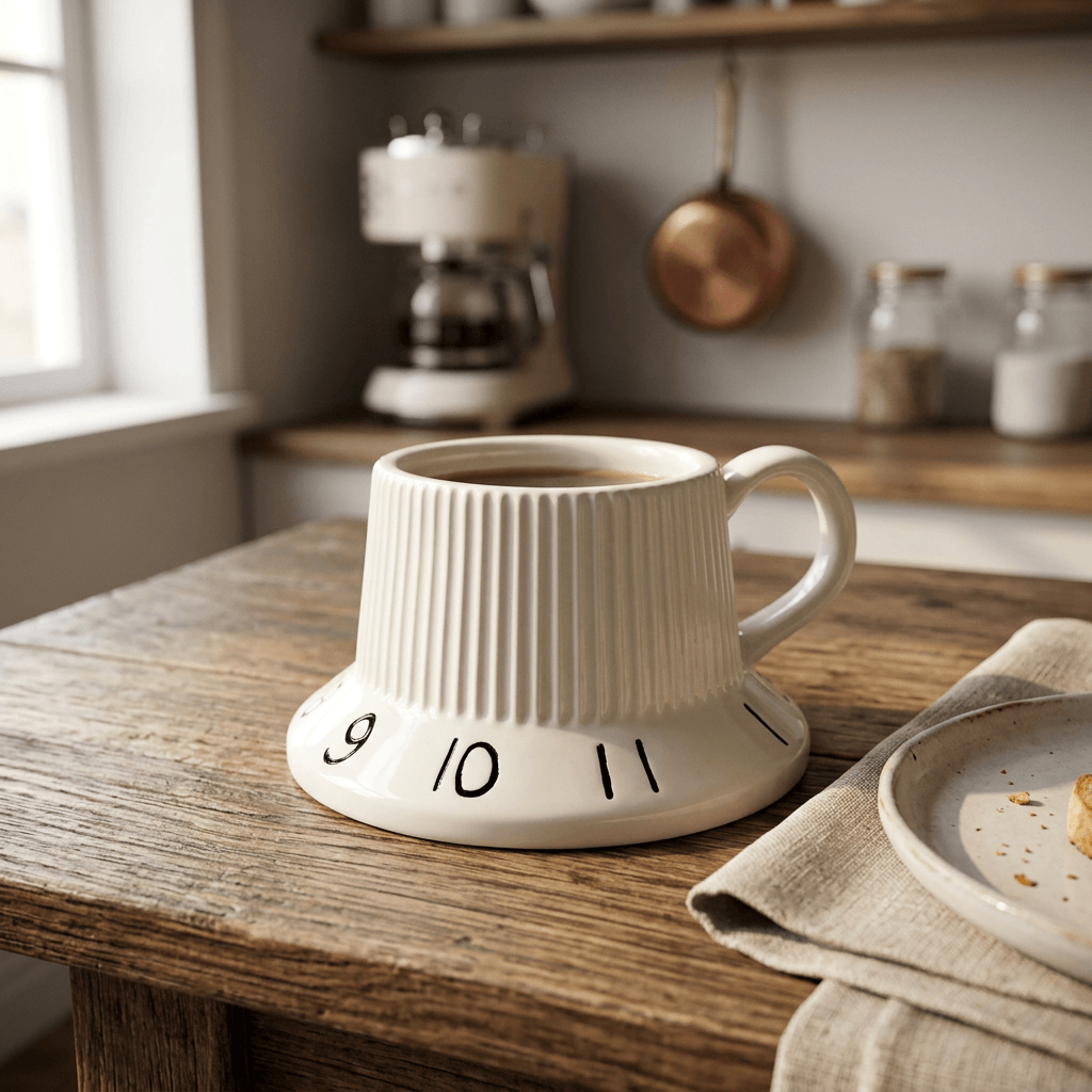 White guitar tone knob ceramic mug with black dial numbers on a wood breakfast table.