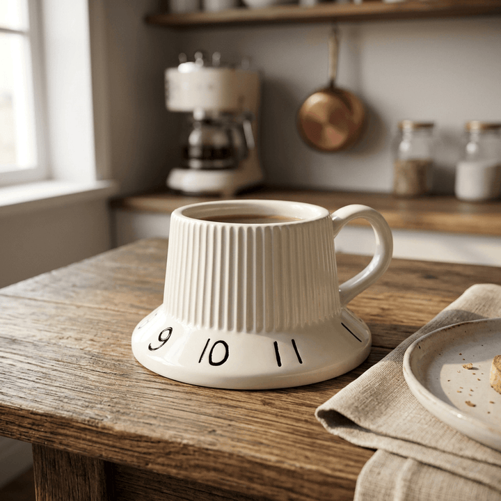 White guitar tone knob ceramic mug with black dial numbers on a wood breakfast table.