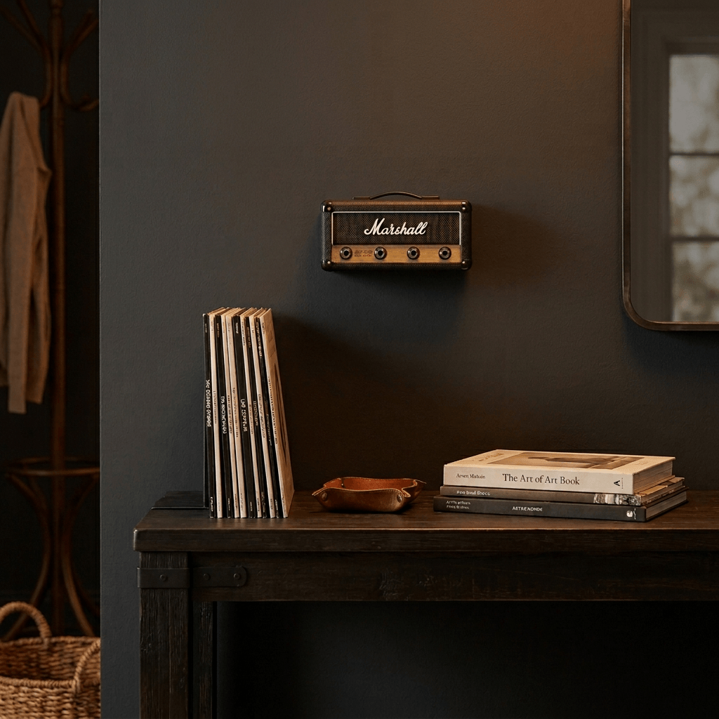 Marshall amp key holder on a plain charcoal wall above a dark console with vinyl records and a leather catchall.
