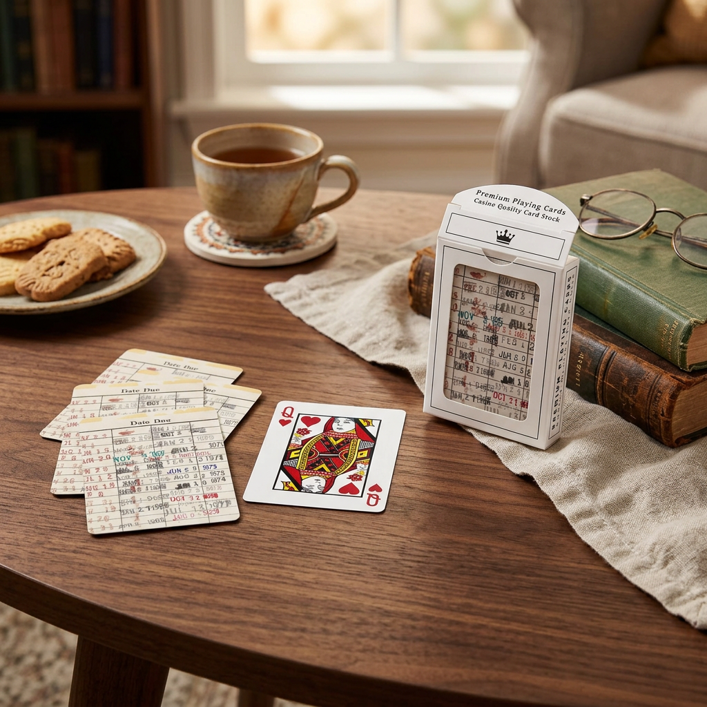 Library due date playing card deck and box styled on a walnut table beside vintage books