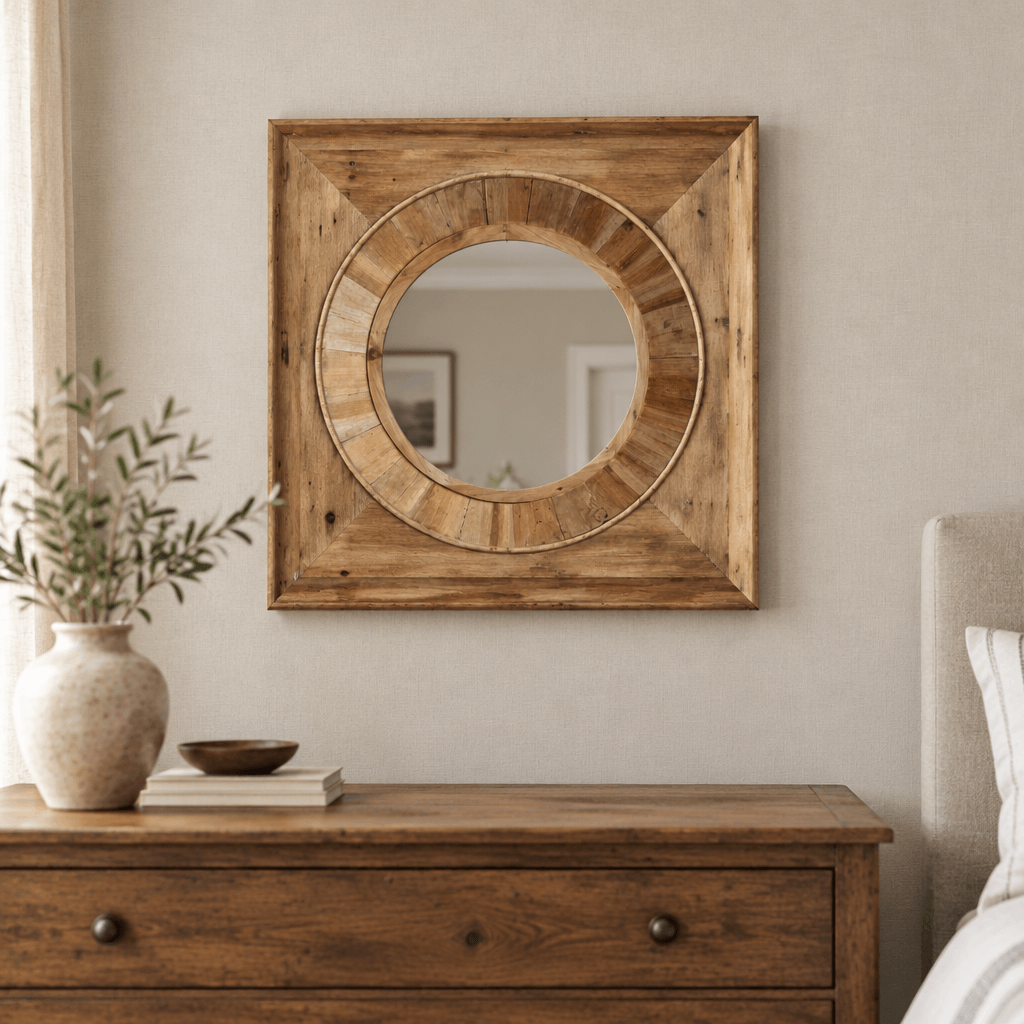 Square pine-framed round mirror mounted above a dresser in a neutral bedroom.