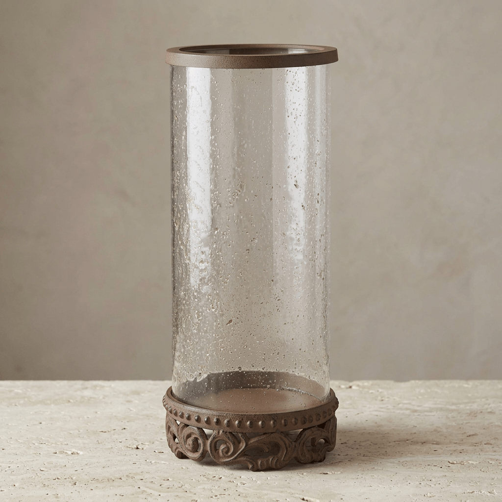 Tall Bellavita Glass Hurricane Candle Holder on a pale stone surface with a neutral studio backdrop.