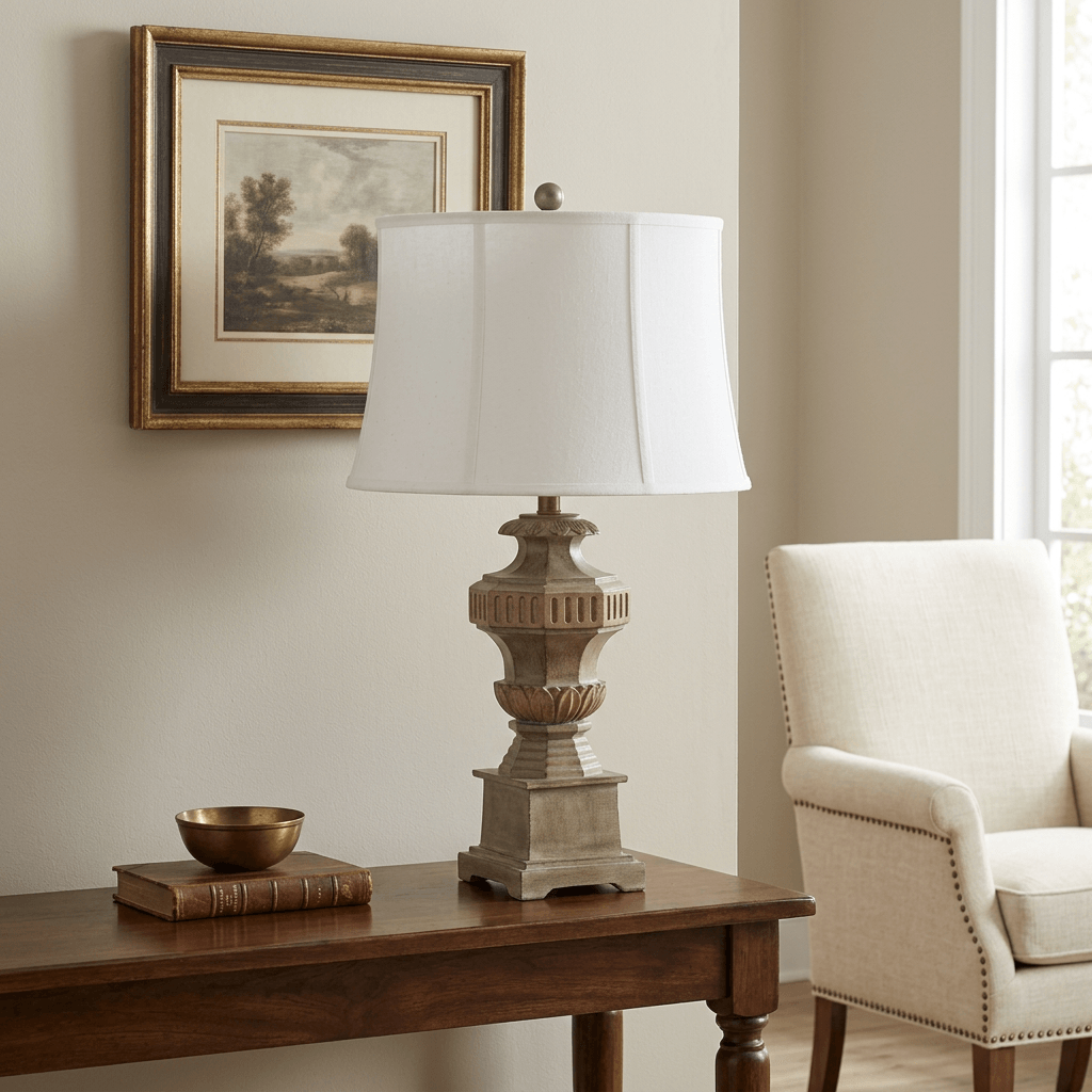 Evangeline classical table lamp styled on a walnut console in a traditional living room
