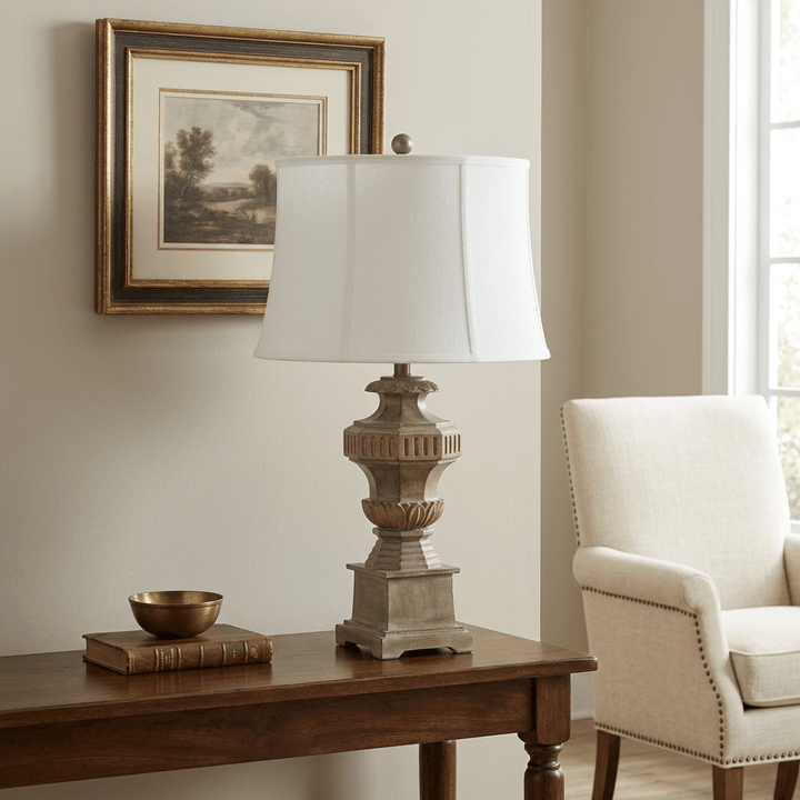 Evangeline classical table lamp styled on a walnut console in a traditional living room